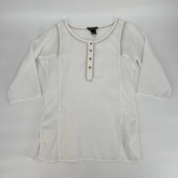 Eddie Bauer 100% Linen Tunic Top Womens Small White Tan Embroidered 3/4 Sleeve - Picture 8 of 11